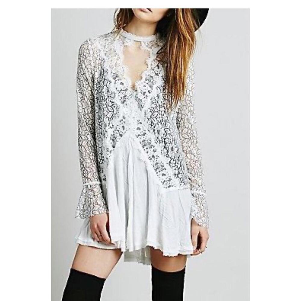 Free people shirt top xs black white lace keyhole boho bohemian cottage core